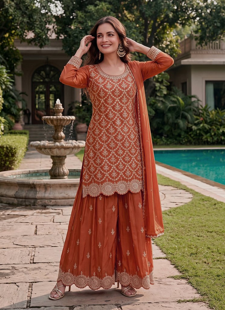 Orange Heavy Embroidered Partywear Palazzo Style Dress