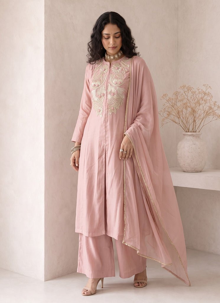 Pink Embroidered Partywear Palazzo Style Dress