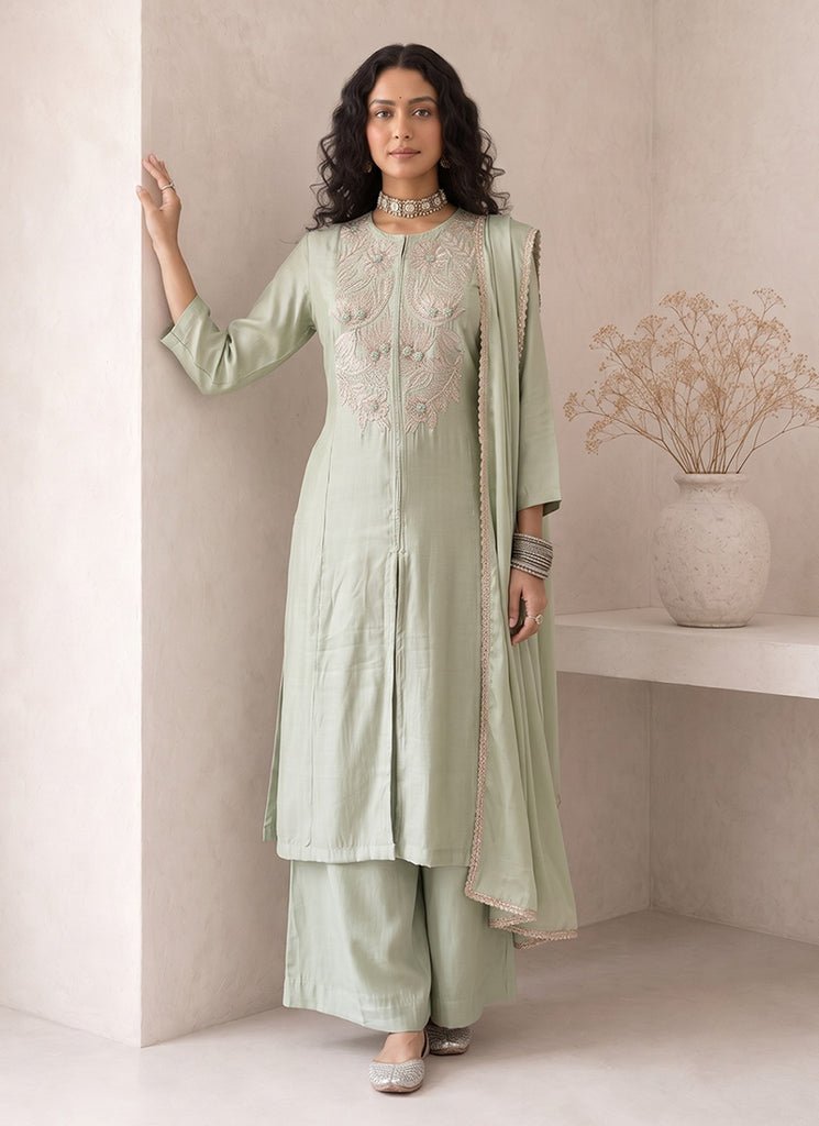 Pista Green Embroidered Partywear Palazzo Style Dress