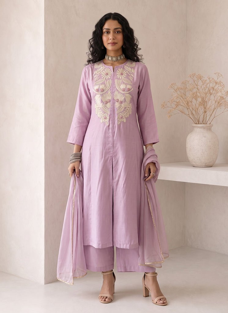 Lavender Embroidered Partywear Palazzo Style Dress