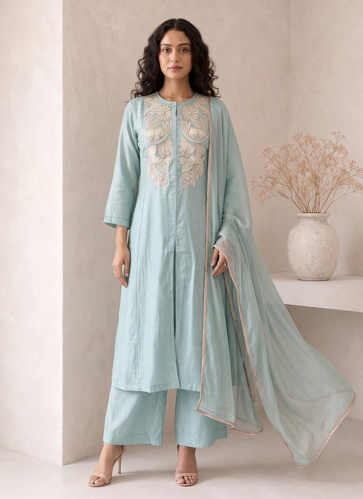 Sky Blue Embroidered Partywear Palazzo Style Dress