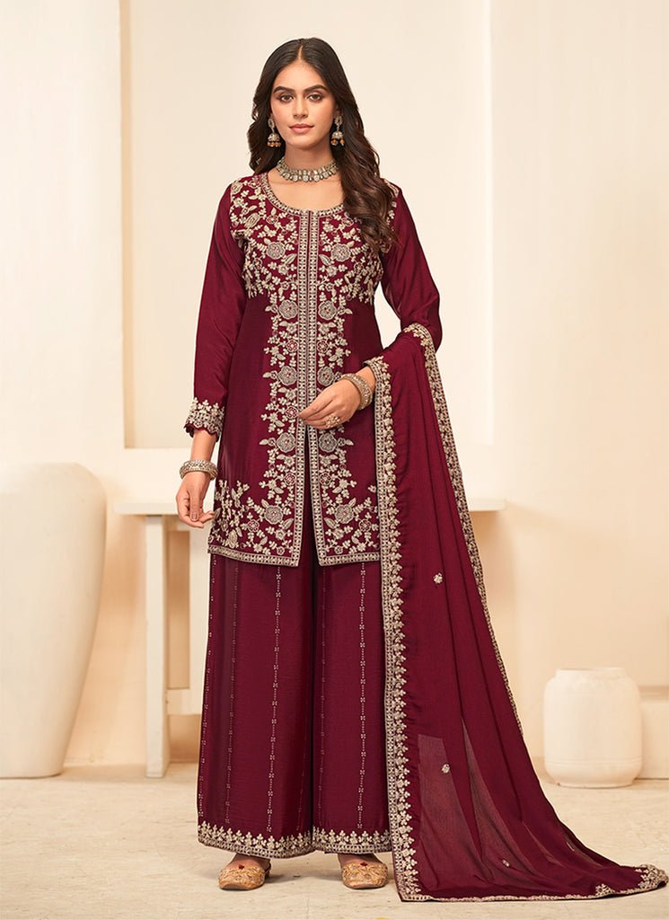 Cherry Red Embroidered Partywear Palazzo Style Dress