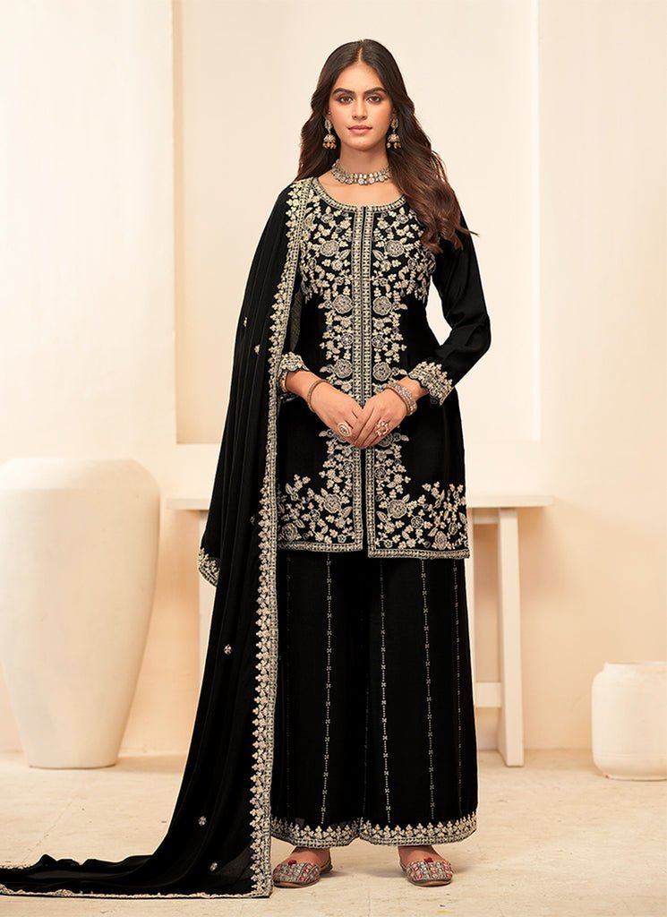 Black Heavy Embroidered Partywear Palazzo Style Dress