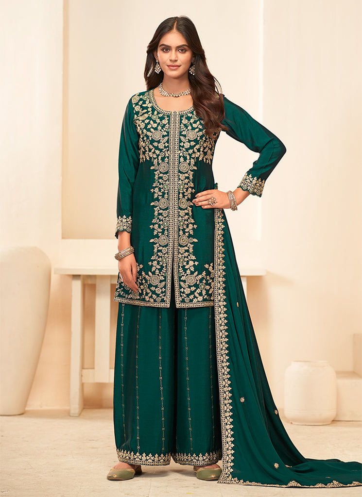 Green Heavy Embroidered Partywear Palazzo Style Dress