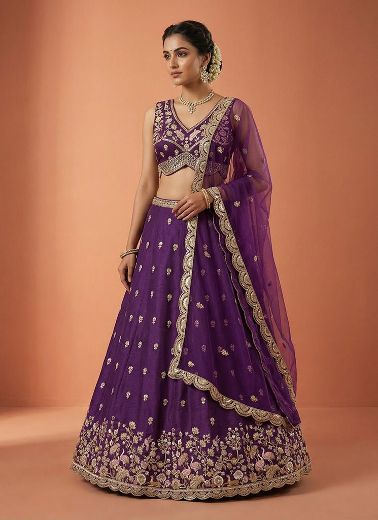 Purple Multicolored Heavy Embroidered Georgette Lehenga Choli