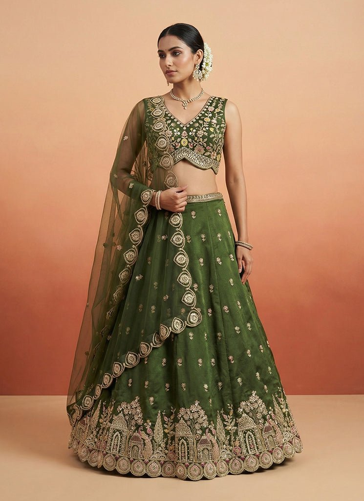 Green Multicolored Heavy Embroidered Georgette Lehenga Choli