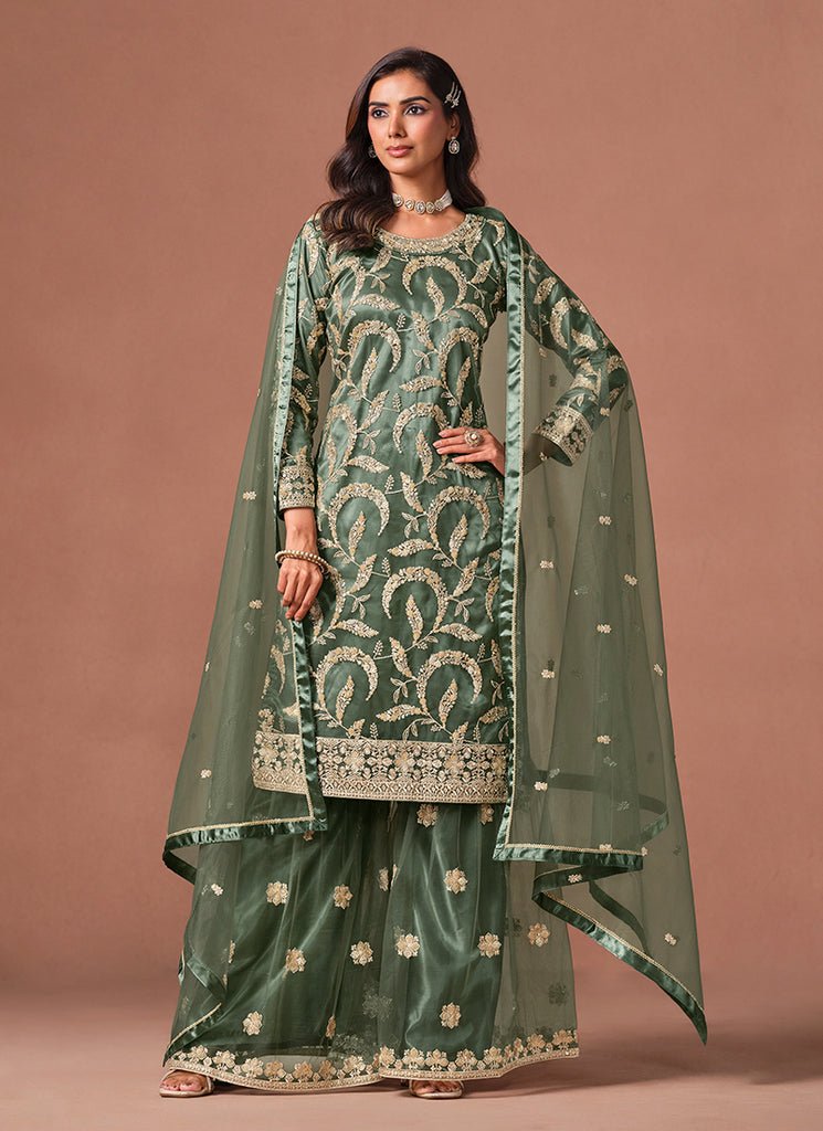 Green Heavy Embroidered Partywear Palazzo Style Dress