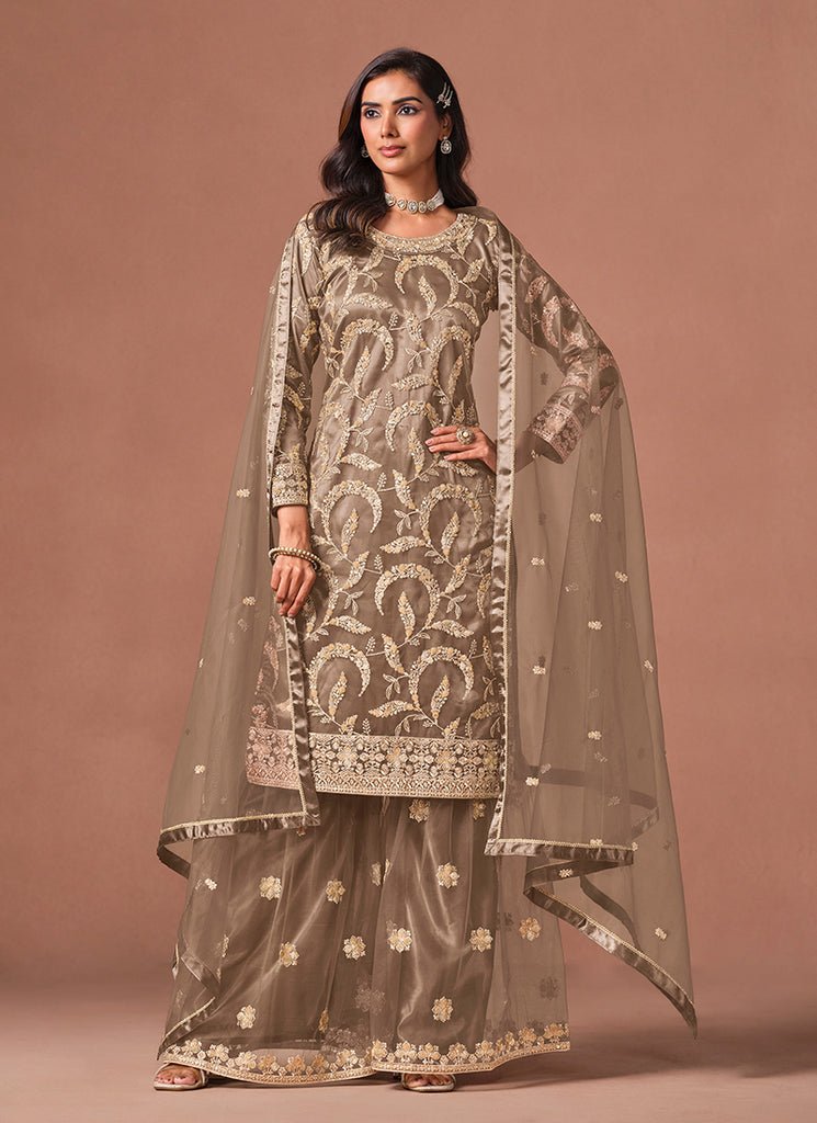 Brown Heavy Embroidered Partywear Palazzo Style Dress