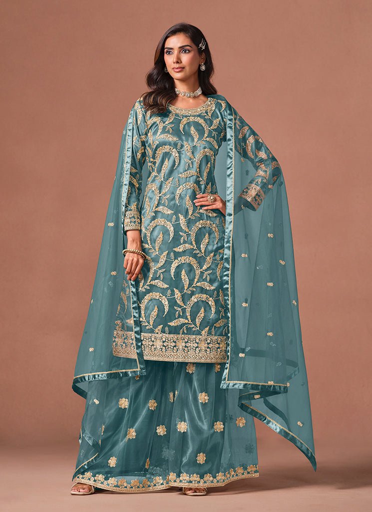 Sky Blue Heavy Embroidered Partywear Palazzo Style Dress